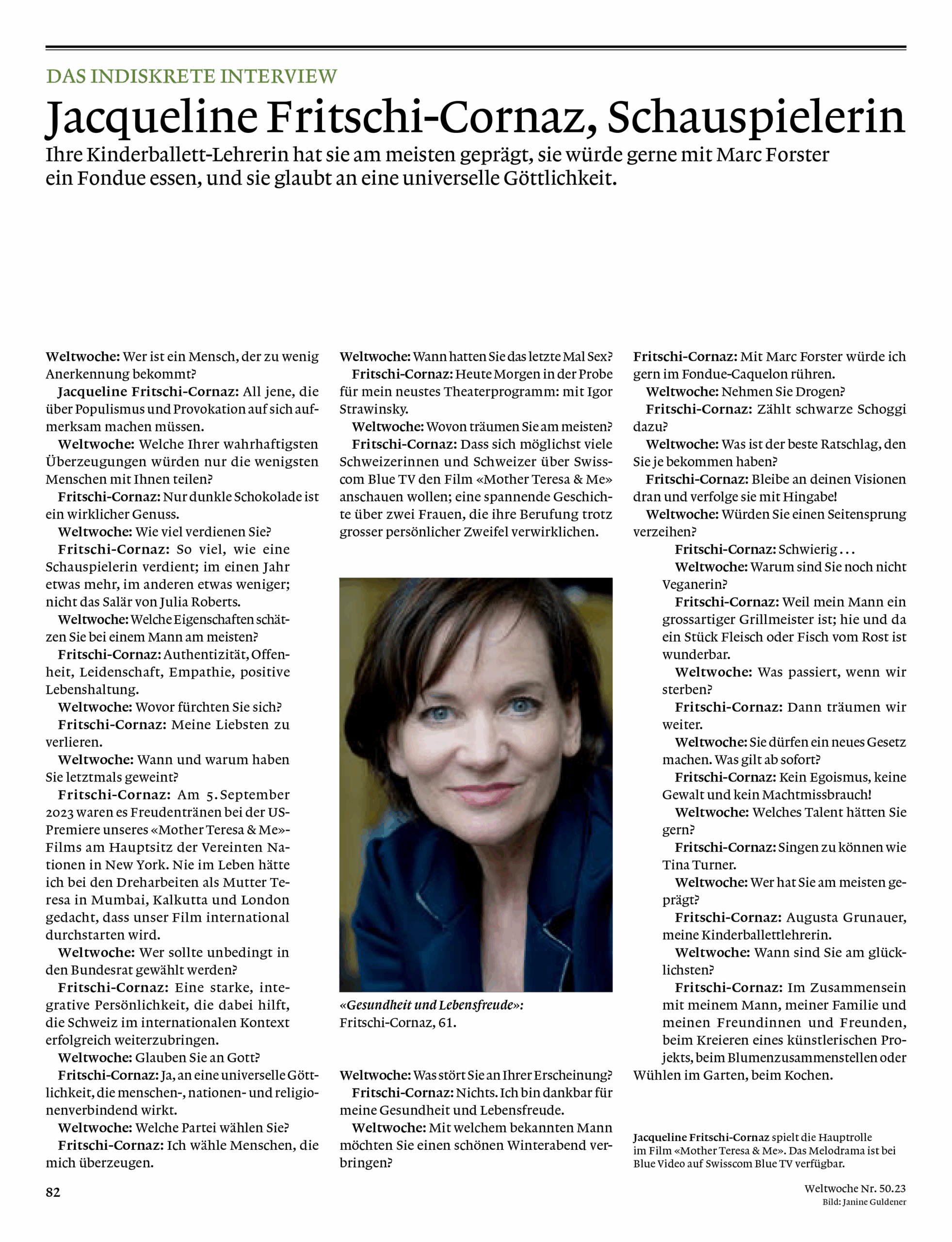 Weltwoche mit Jacqueline Fritschi-Cornaz